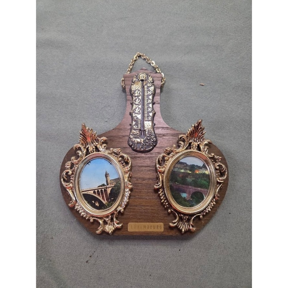 Vintage Luxembourg Souvenir Wood Wall Plaque Thermometer Dual Photo Frames Gold